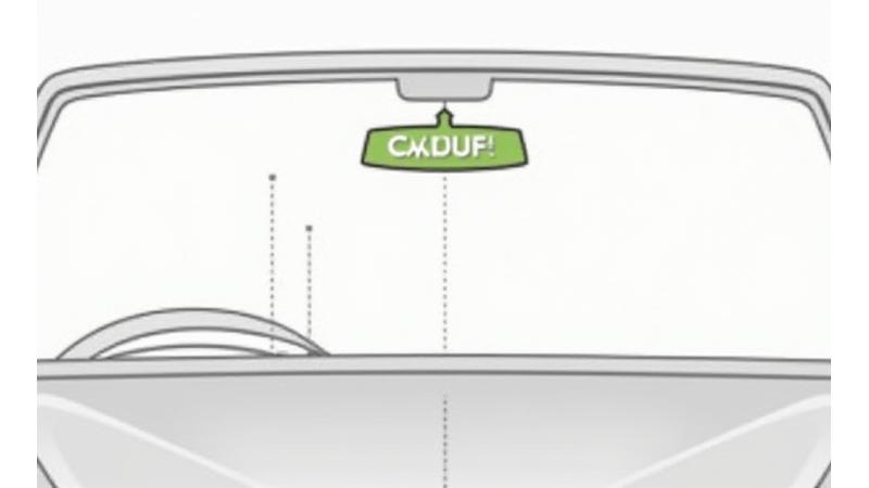 Diagrama mostrando la posición correcta de un TAG de telepeaje en el parabrisas de un coche, detrás del espejo retrovisor