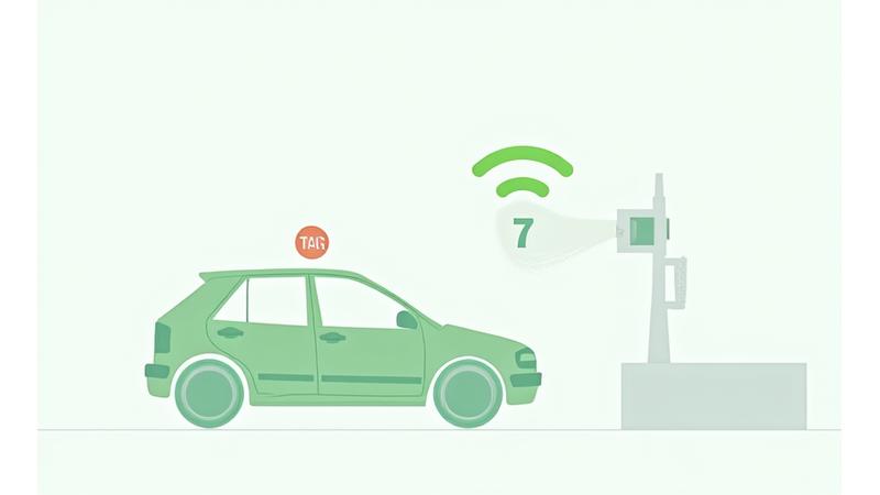 Diagrama explicando el funcionamiento de un TAG de telepeaje con un coche pasando por una caseta y ondas de señal